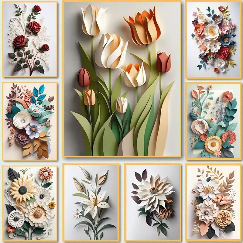 Art Craft Rose - งานหัตถกรรมกระดาษดอกไม้หรูหราแบบนอร์ดิกโปสเตอร์ทิวลิปโรสภาพวาดและภาพพิมพ์ศิลปะบนผนังสำหรับการตกแต่งบ้านห้อง