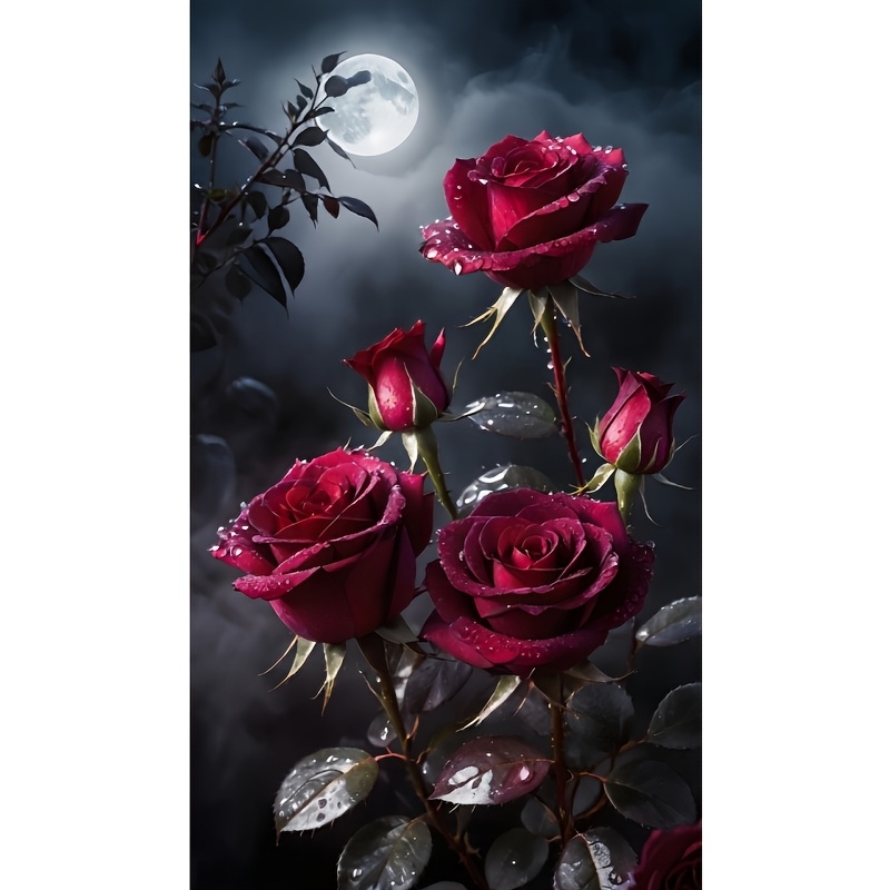 Art Craft Rose - ชุดภาพวาดเพชร 5D, ดอกกุหลาบสีแดงบานสะพรั่งใต้แสงจันทร์ งานศิลปะตกแต่ง, งานปักเพชรแบบกลม, DIY