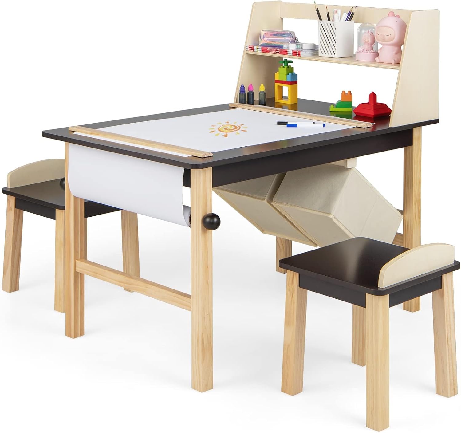 Art Craft Toddlers - ชุดโต๊ะและเก้าอี้ศิลปะสำหรับเด็ก, โต๊ะกิจกรรมไม้และเก้าอี้ 2 ตัว พร้อมกระดาษม้วน, ปากกา