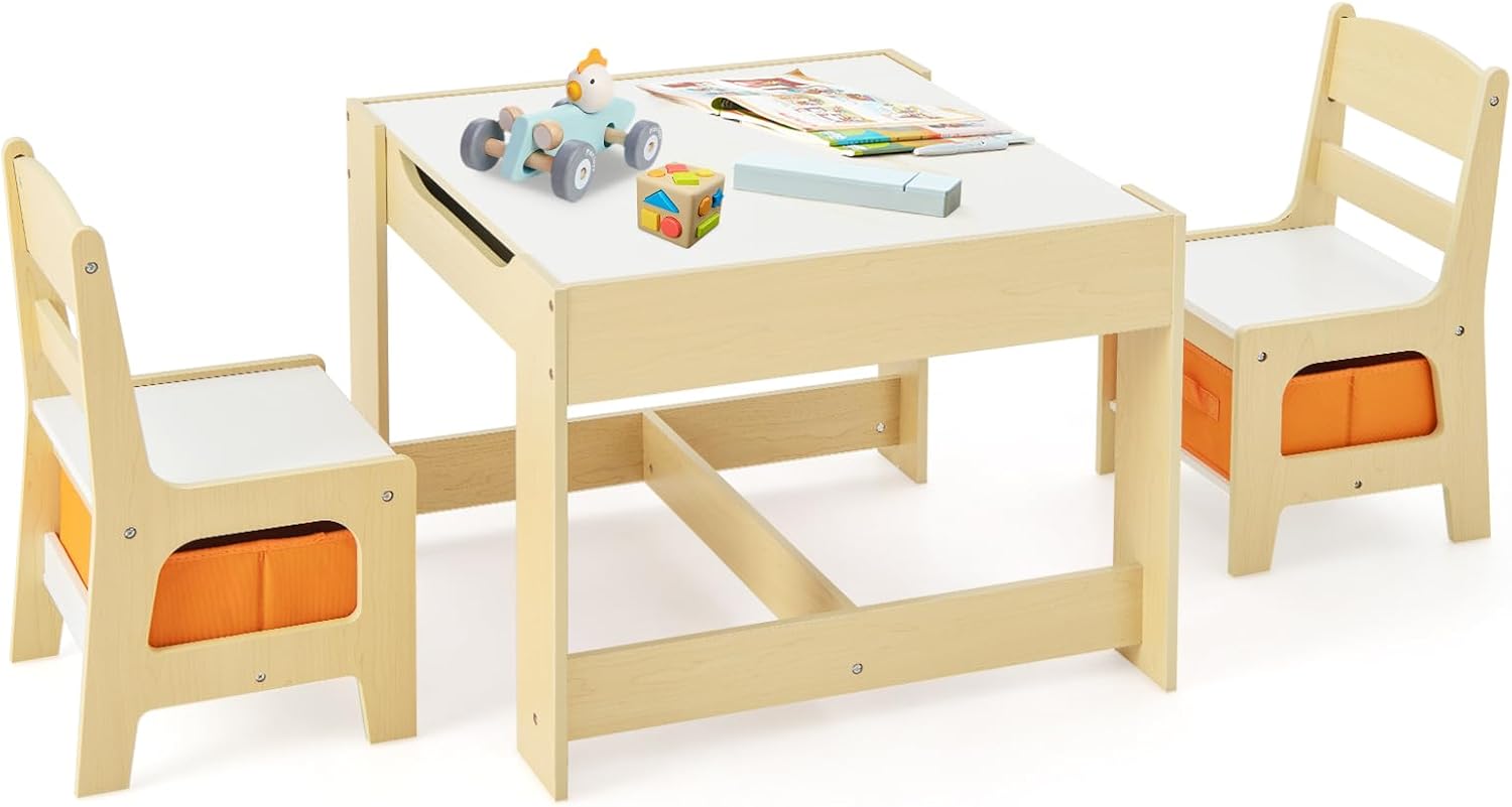Art Craft Toddlers - ชุดโต๊ะและเก้าอี้เด็ก 3 in 1 ทำจากไม้ พร้อมกระดานดำถอดได้