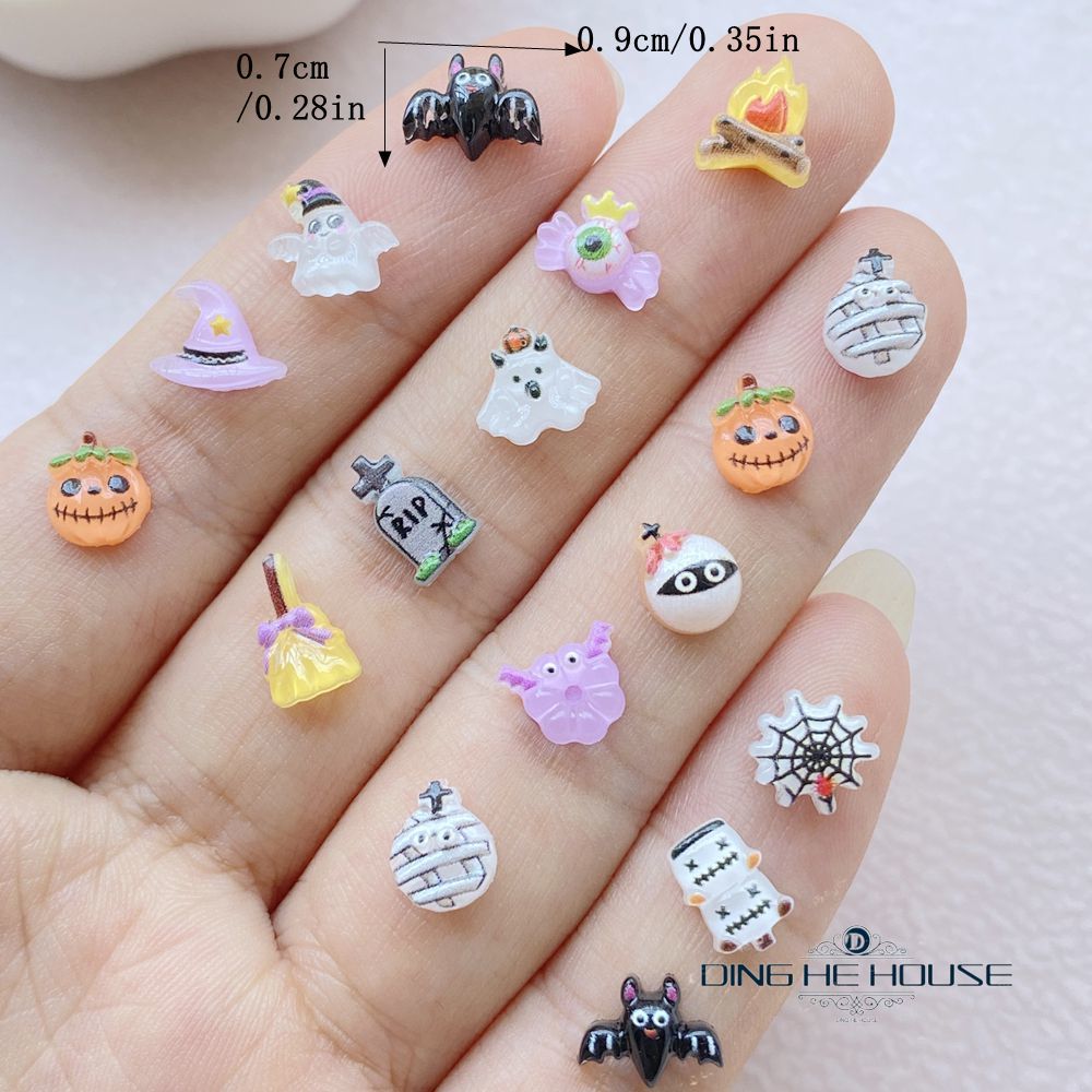 Art Craft Hat - อุปกรณ์ตกแต่งเล็บฮาโลวีนขนาดเล็ก 30/50/100 ชิ้น ลายการ์ตูนน่ารัก หมวกวิเศษ ผี