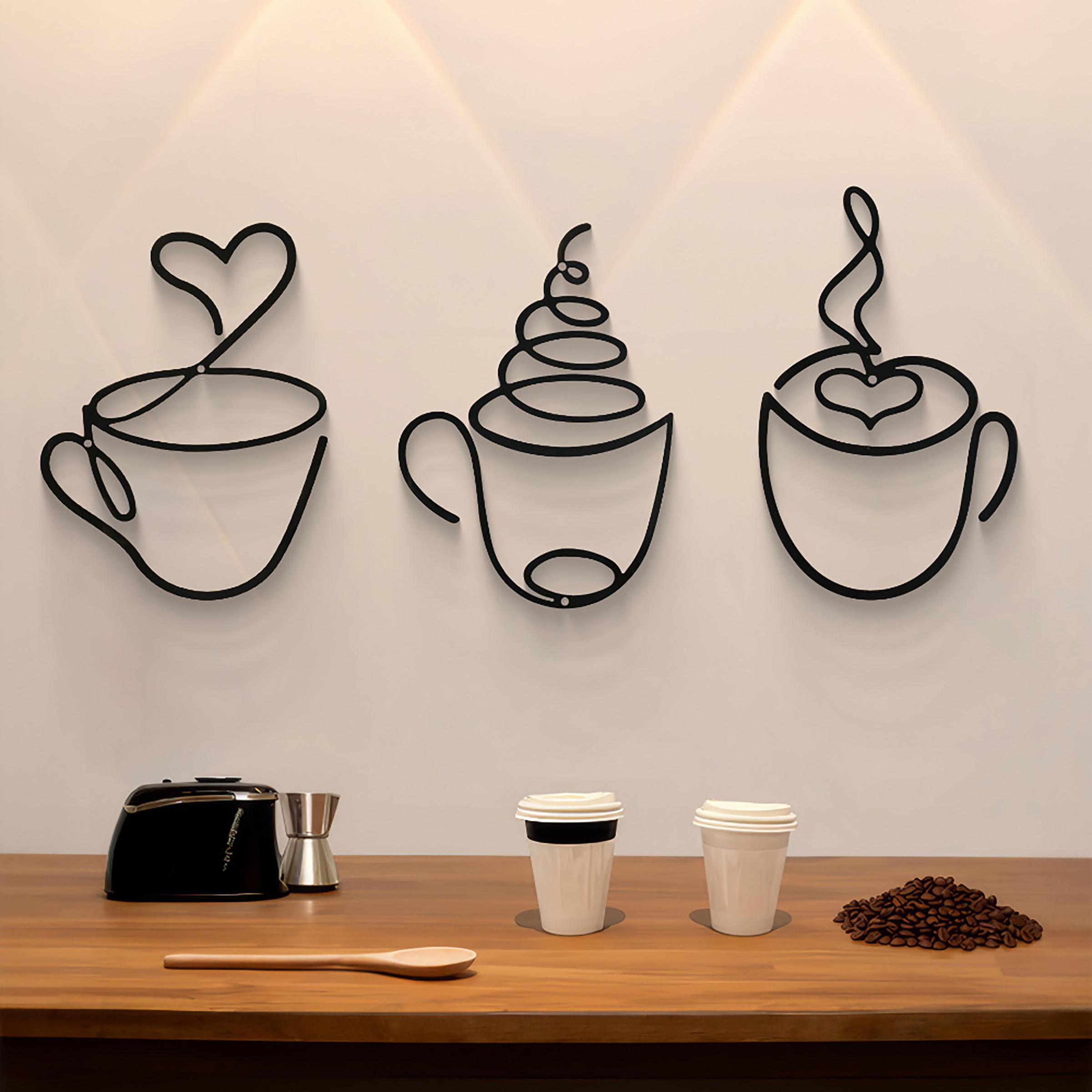 Art Craft Website - ชุดแขวนผนังกาแฟสร้างสรรค์ 3 ชิ้น, ของตกแต่งคาเฟ่, งานศิลปะเหล็กสำหรับตกแต่งบ้าน, ของตกแต่งผนังภายในบ้าน,